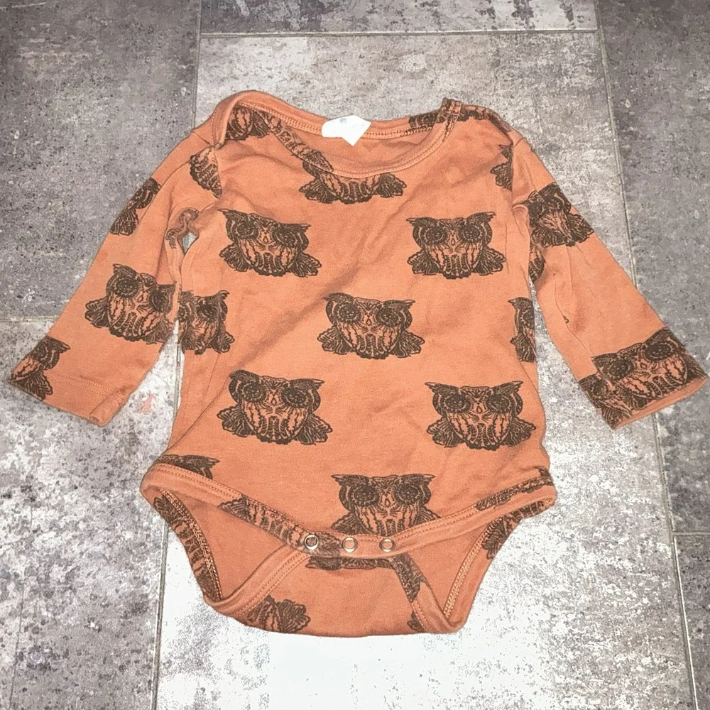 Kate Quinn 12-18 Months long sleeve bodysuit Owl Orange Organic Cotton Boy Girl
